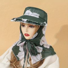 Wide Brim Floral Print Hat with Chiffon Scarf UV Protection Working Cap