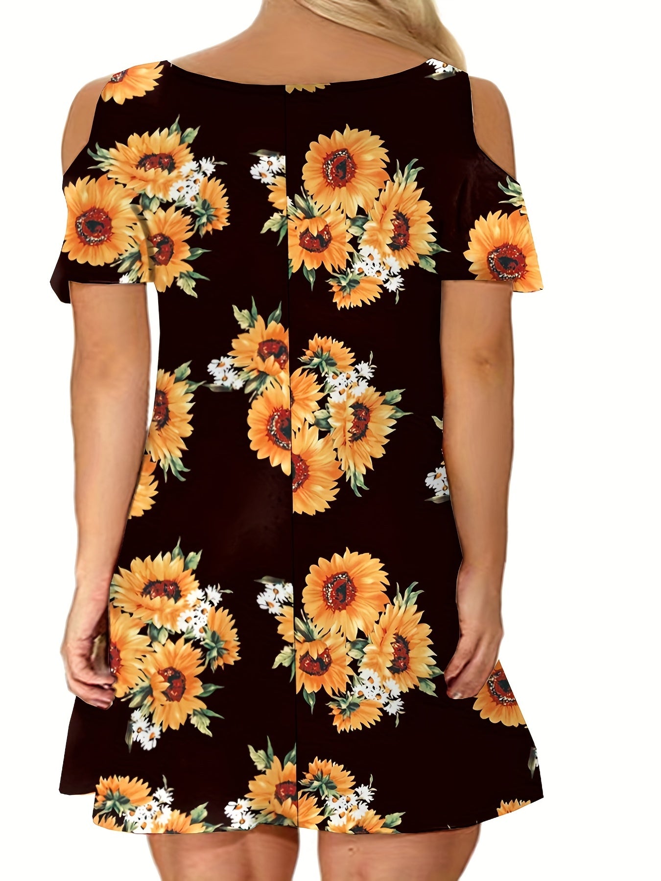 Women's Plus Sunflower Print Cold Shoulder Dress
