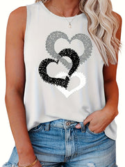  Casual Tank Top Women's Heart Print Round Neck Stretch Tank Top
