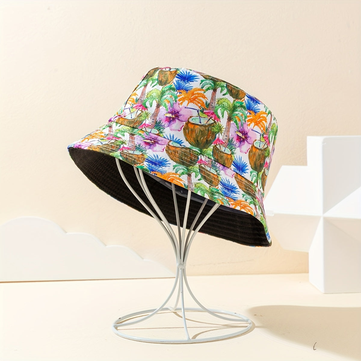 Coconut Tree Print Reversible Bucket Hat Lightweight Foldable Cap