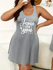  Women's Casual Nightdress Cross & Letter Print High Stretch Tank Sleep