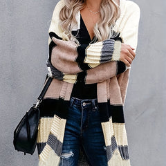  Colorblock Ribbed Knit Long Sleeve Open Front Sweater Cardigan