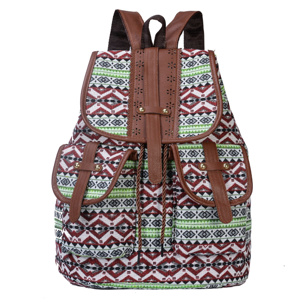 Rhombus Pattern Backpack Women's Canvas Drawstring Shoulder Bag