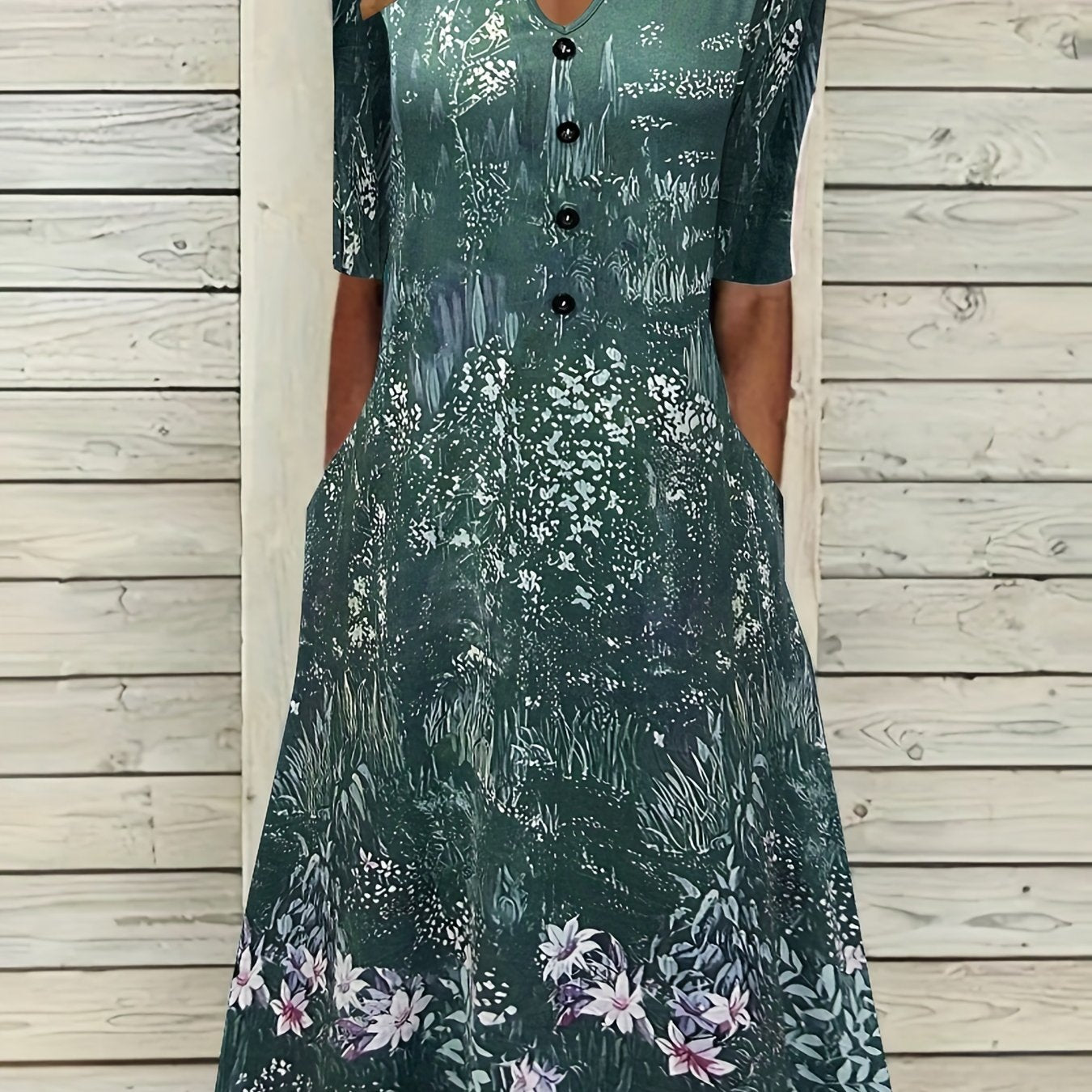 Women's Plus Floral Print Button Decor Short Sleeve Notched Neck Dress