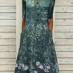 Women's Plus Floral Print Button Decor Short Sleeve Notched Neck Dress