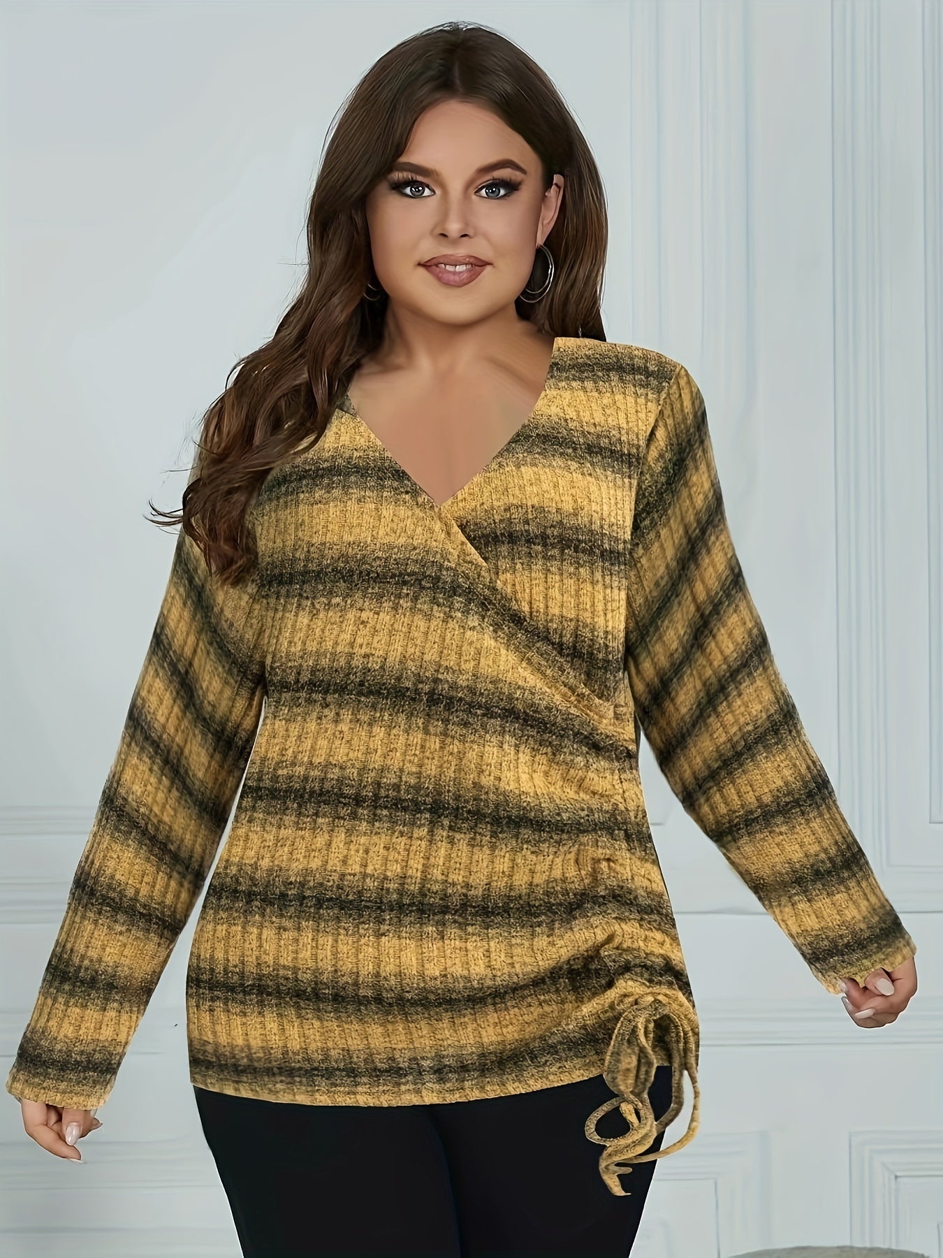  Stripe Print Surplice Neck Knit Top