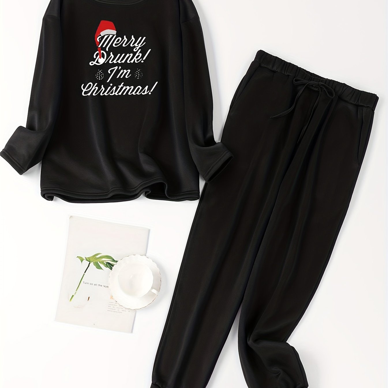  Christmas Lounge Set Hat & Letter Print Top & Tie Pants Pajamas
