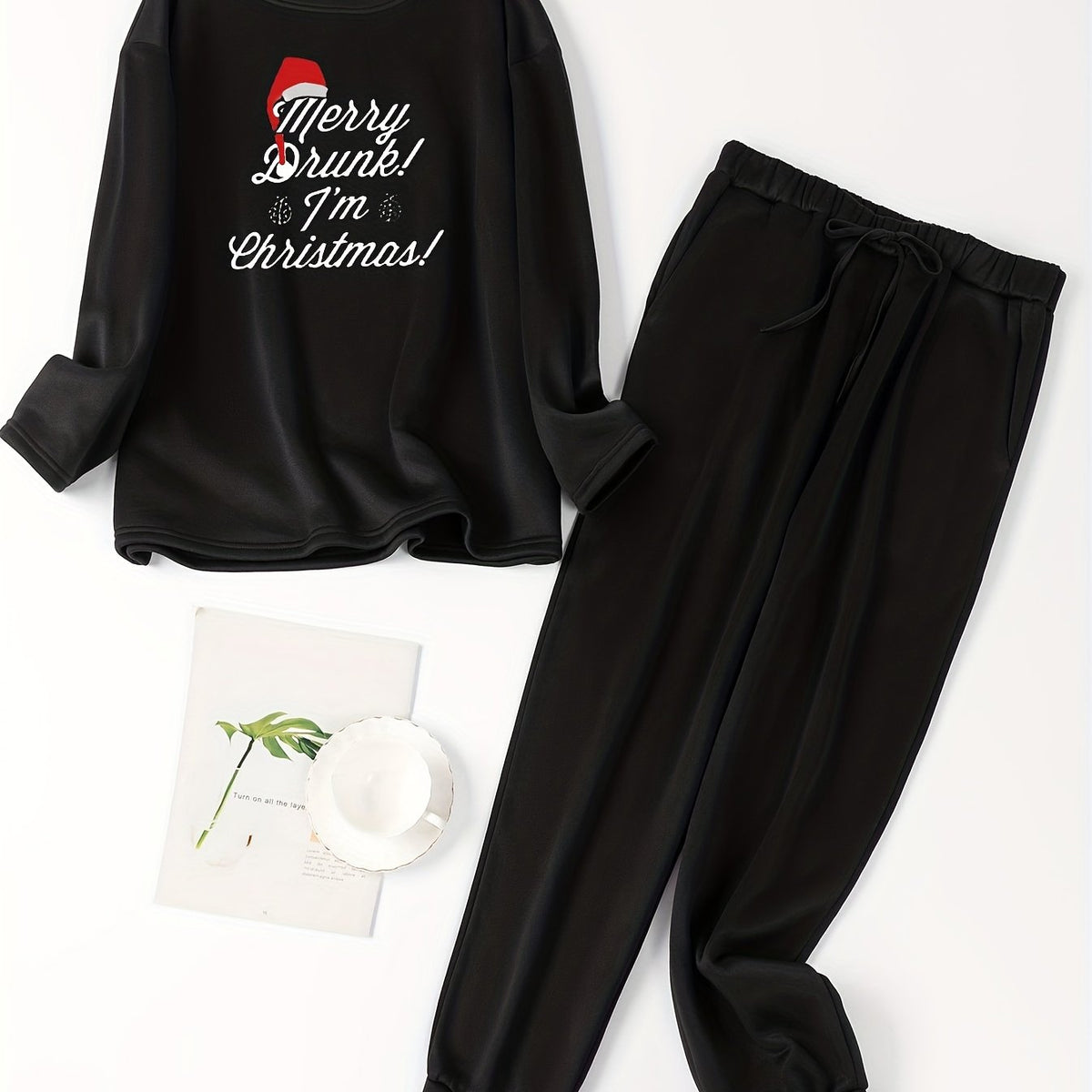  Christmas Lounge Set Hat & Letter Print Top & Tie Pants Pajamas