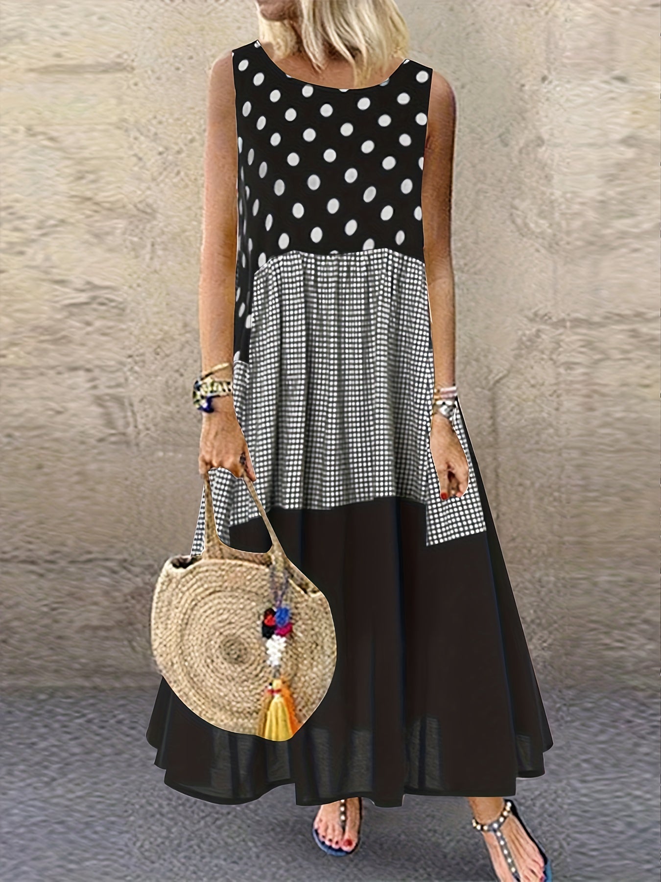  Boho Polka Dot Print Dress Round Neck Tank