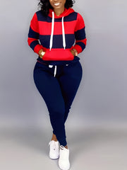 Women's Plus Colorblock Stripe Print Hoodie & Joggers Set