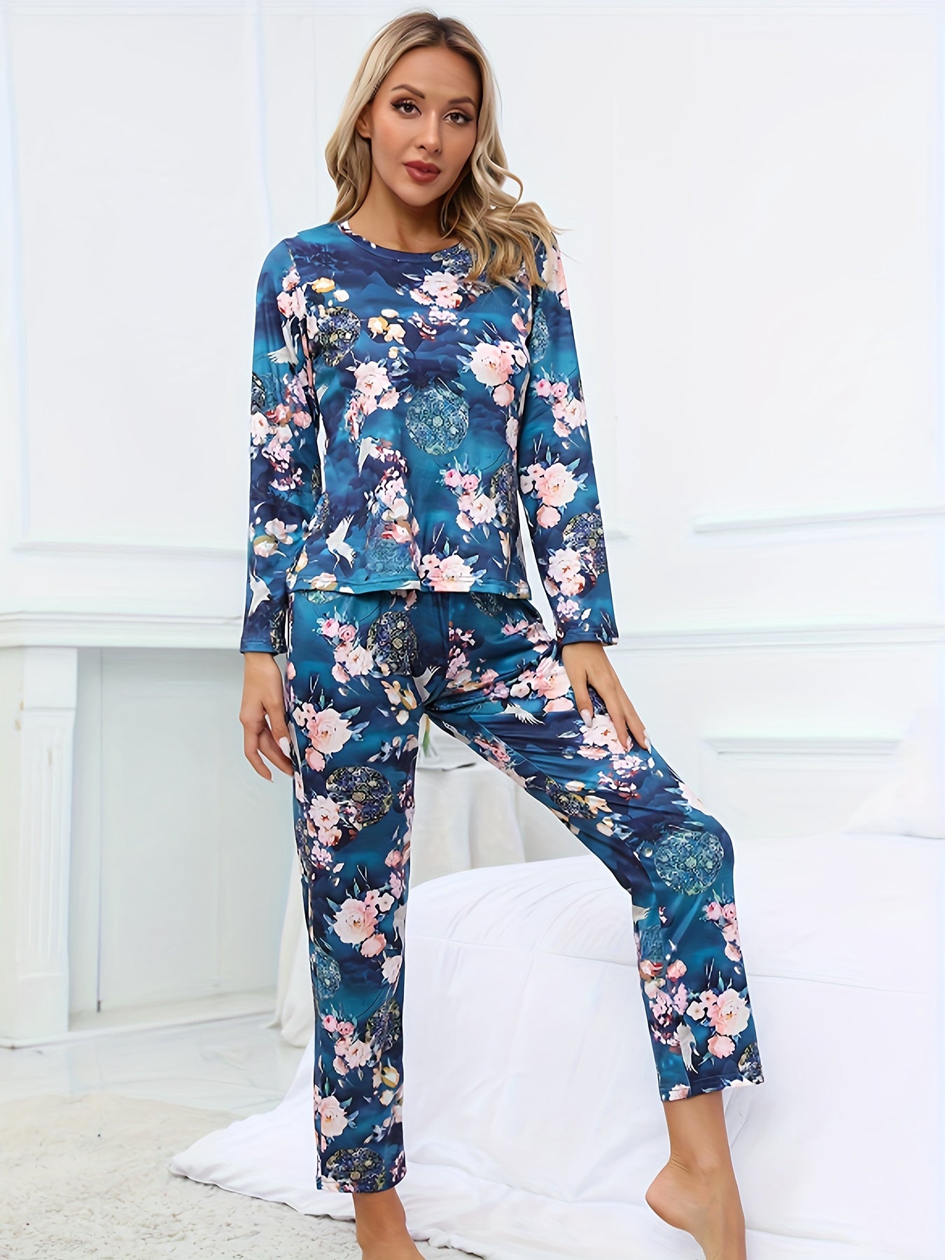 Floral Print Pajama Set Long Sleeve Crew Neck Top & Elastic Waistband Pants