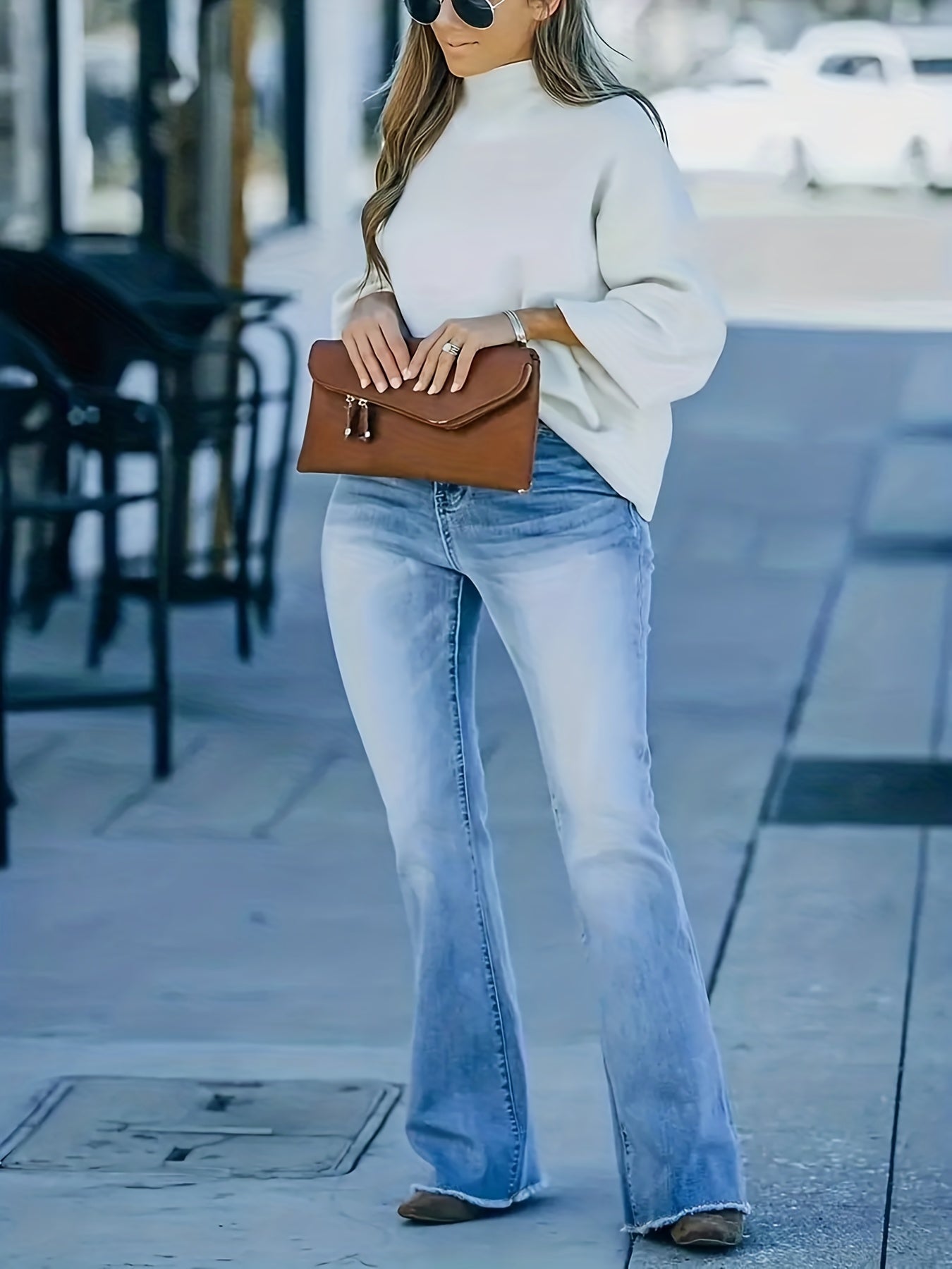 Washed Button Fly Fringe Trim Flared Jeans