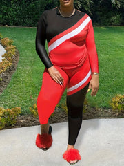  Colorblock Stripe Print Top & Leggings Set
