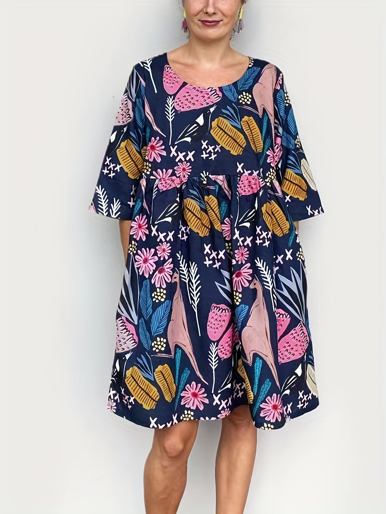  Floral Animal Print Round Neck Mini Dress