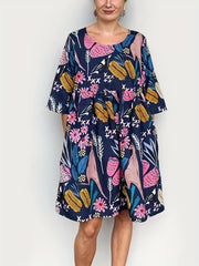  Floral Animal Print Round Neck Mini Dress