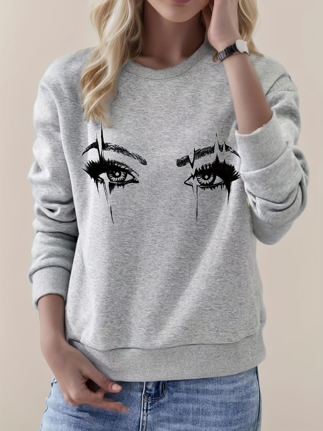 Eye Print Sweatshirt Long Sleeve Crew Neck Women's Clothing