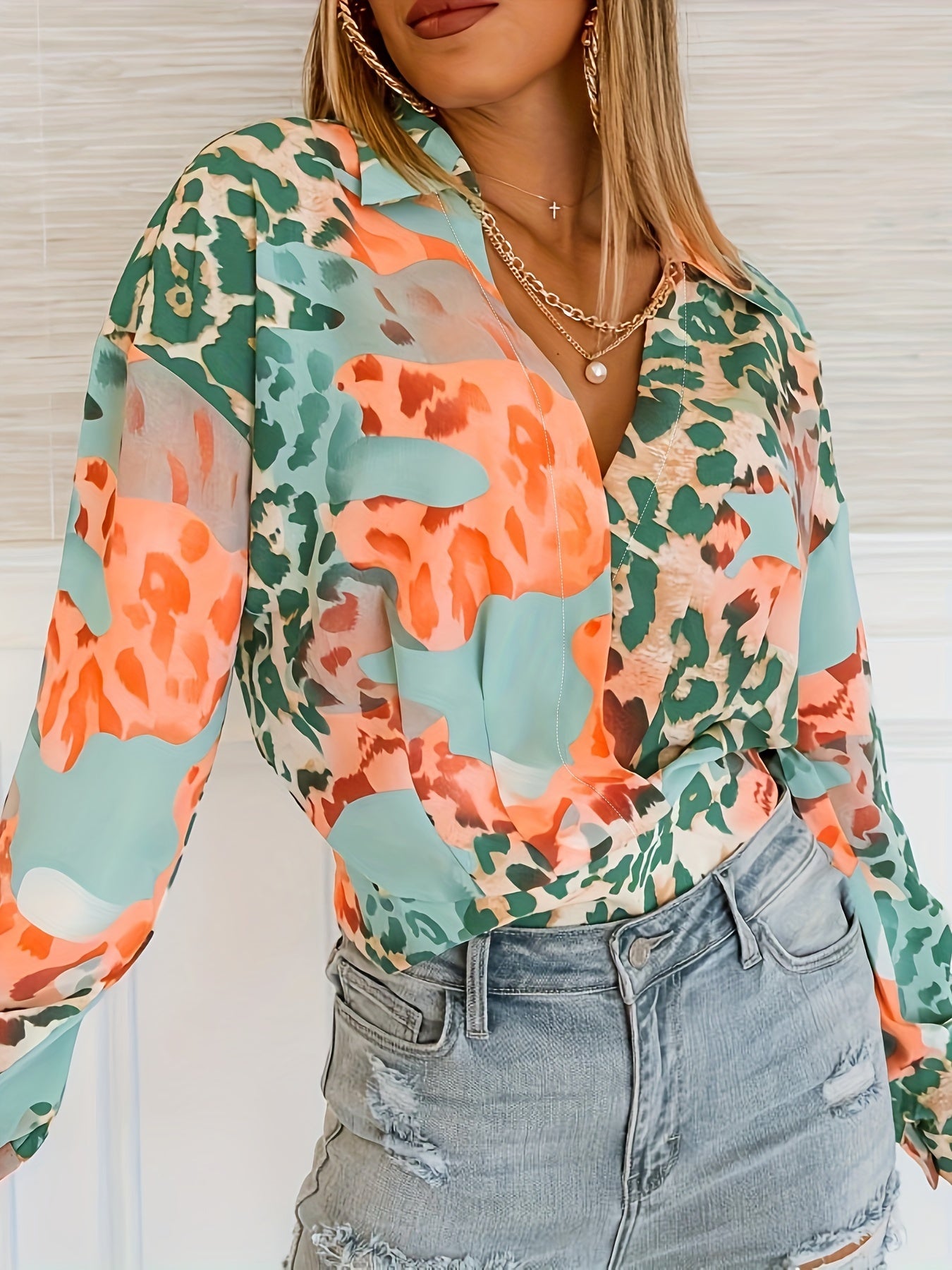  Leopard Print Long Sleeve Blouse