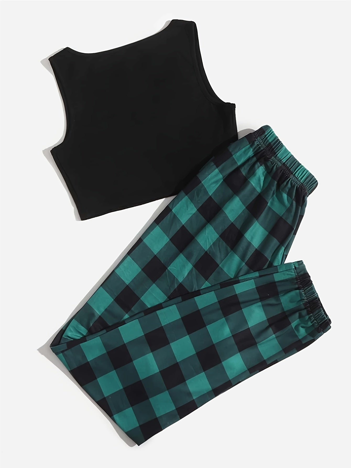 Women's Pajama Set Short Sleeve Top & Plaid Lounge Pants