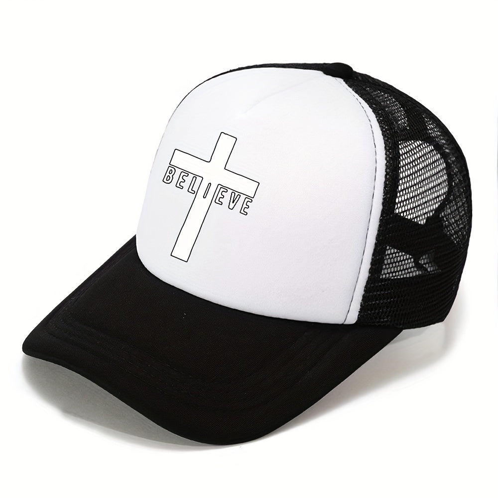 Men's Cross Believe Print Outdoor Sun Hat Breathable Net Baseball Cap