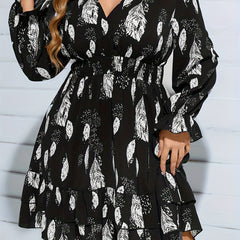  Feather Print Flounce Sleeve Mini Dress
