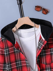 Boys Plaid Hooded Shirts Long Sleeve Button Hoodie Tops Spring Fall Outwear