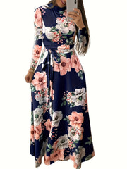  Casual Dress Women's Plus Floral Print Long Sleeve Round Neck