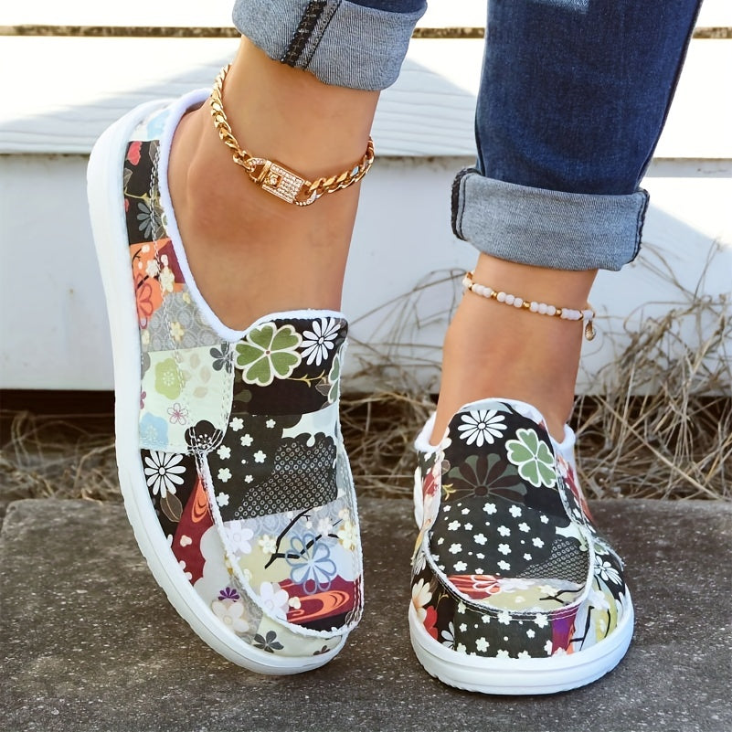 Women's Floral Print Slip-On Canvas Shoes Lightweight Casual Flats