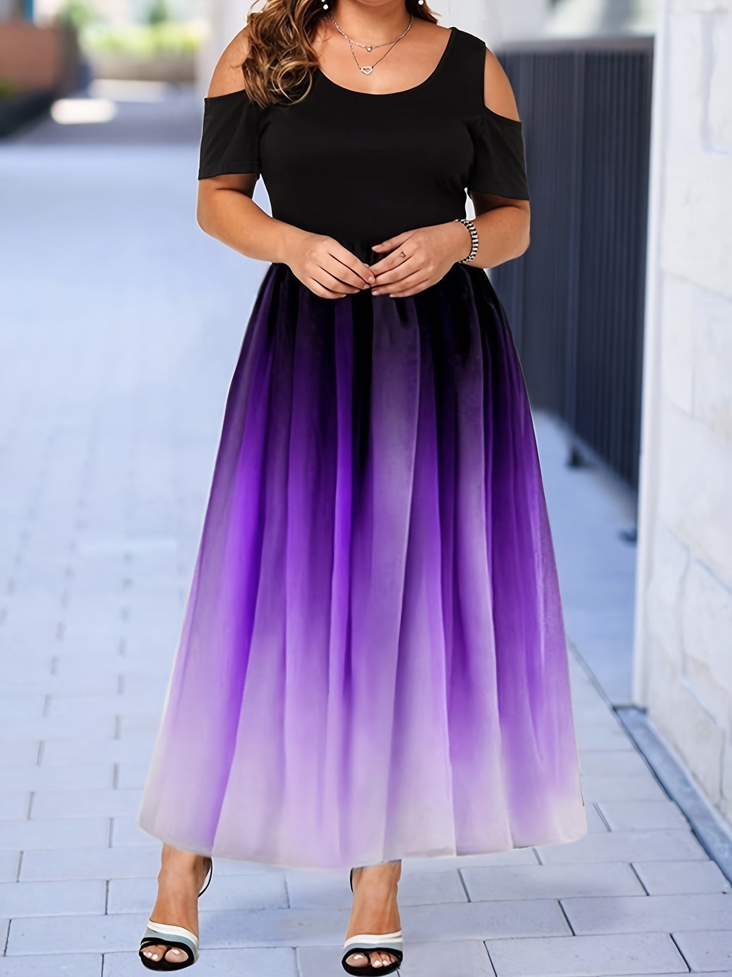  Ombre Print Cold Shoulder Maxi Dress Women's Plus