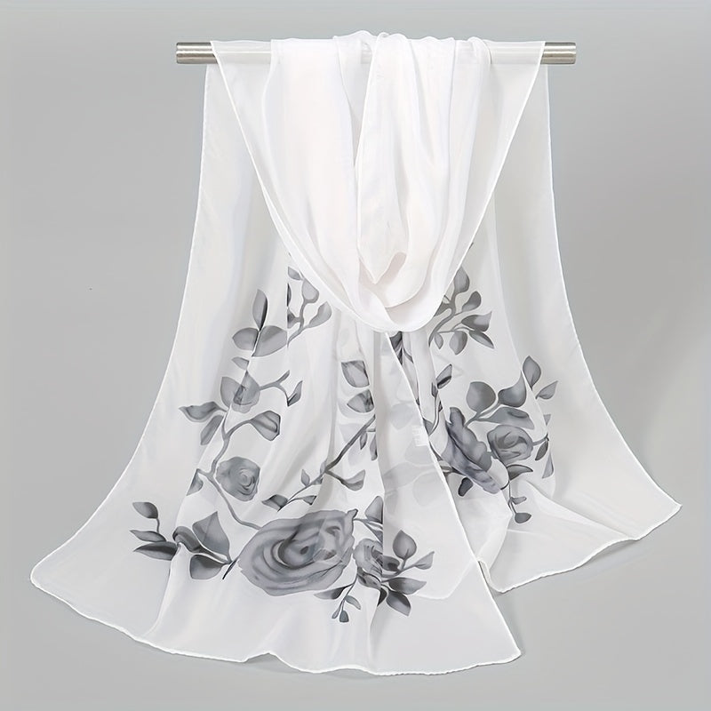 Rose Print Chiffon Scarf Silk Shawl Sunscreen Head Wrap