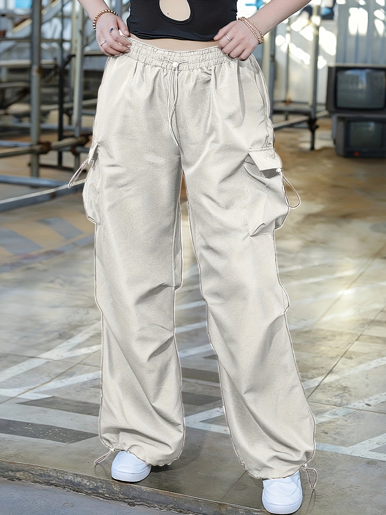  Solid Elastic Drawstring High Rise Cargo Pants