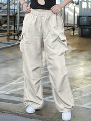  Solid Elastic Drawstring High Rise Cargo Pants