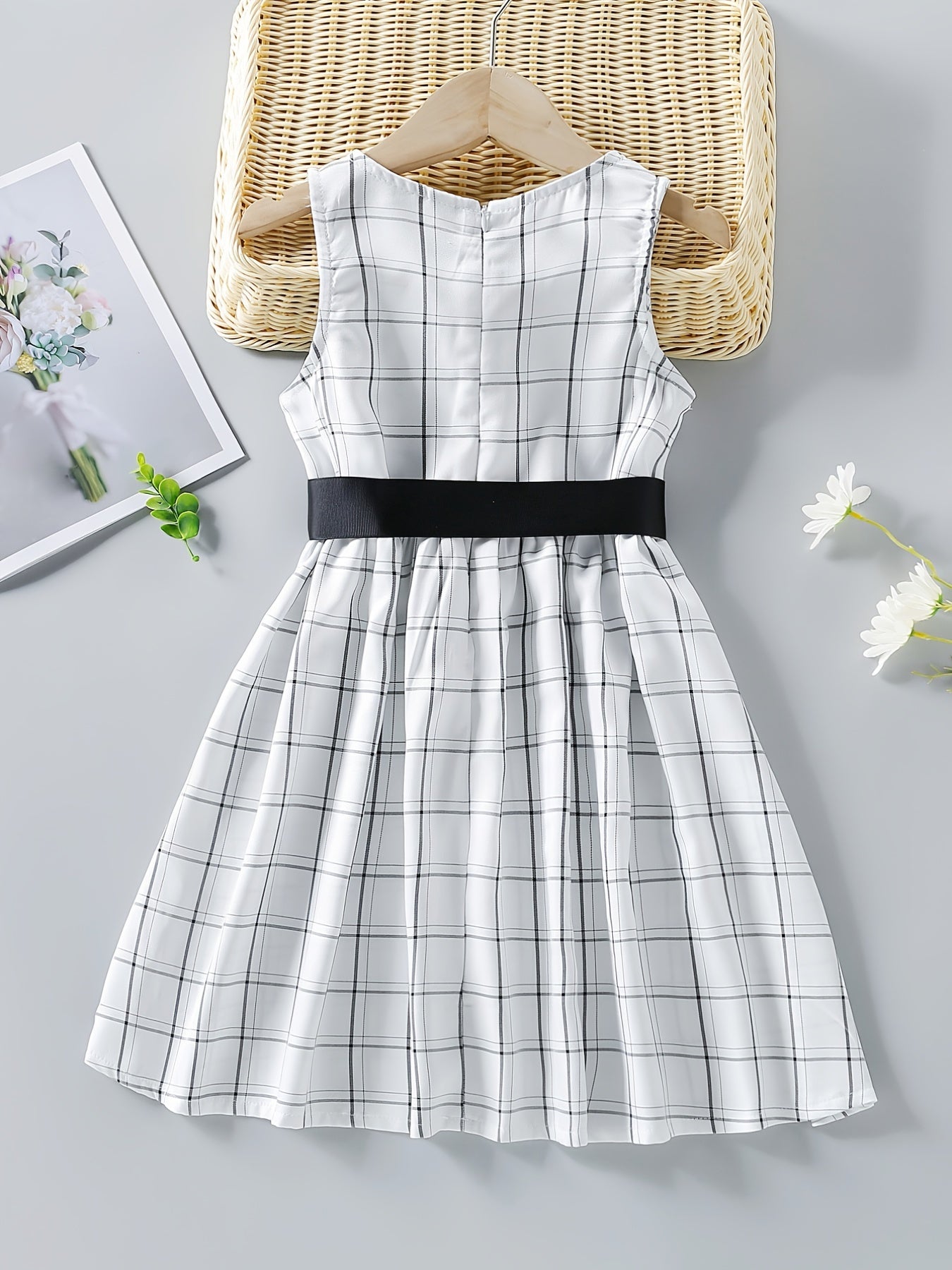 Girls Plaid Sleeveless Dress with Bow Belt
