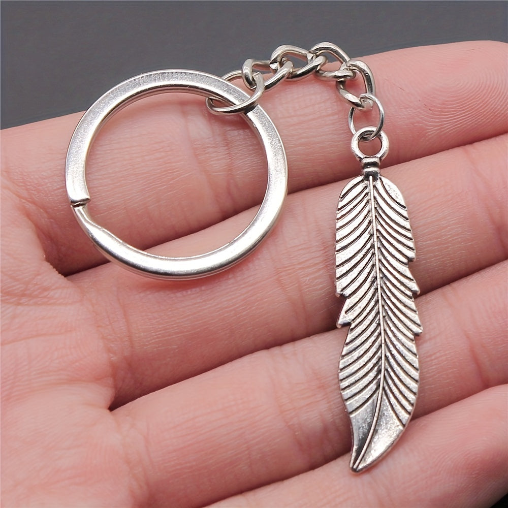 Vintage Silver Feather Pendant Keychain Metal Keyring