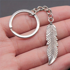 Vintage Silver Feather Pendant Keychain Metal Keyring