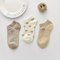 3 Pairs Floral & Bear Print Socks & Ankle Socks Women's Stoc