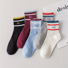 5 Pairs Letter Print Striped Socks Women's Stockings