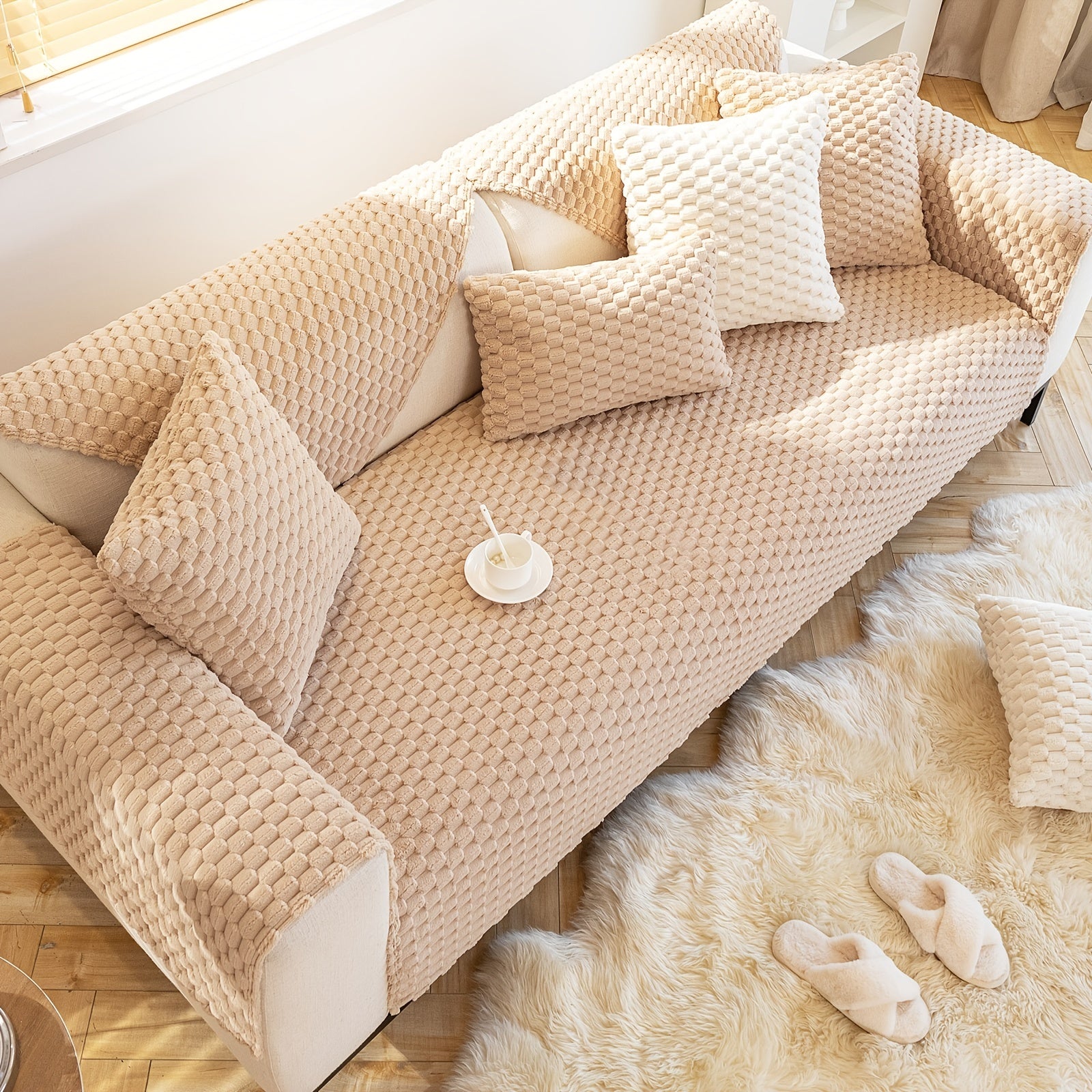 Honeycomb Velvet Sofa Slipcover Thick Plush Furniture Protector