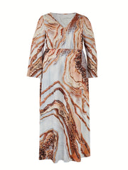  Marble Print Long Sleeve V Neck Pleated Dress