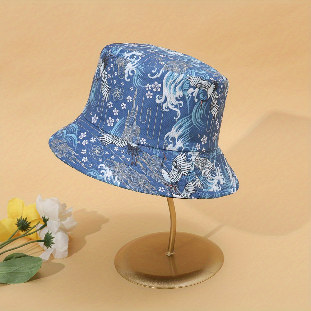 Crane Print Reversible Bucket Hat Vintage Fisherman Cap Women Travel Beach Hats