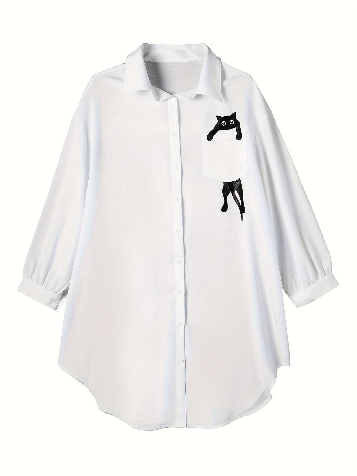  Cat Print Button Up Collar Tunic Top