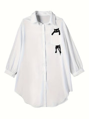  Cat Print Button Up Collar Tunic Top
