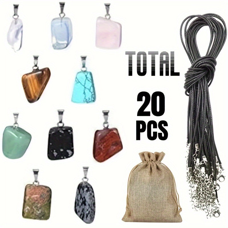 Crystal Stone Charms Set Chakra Beads Pendants with Leather Necklace Chain