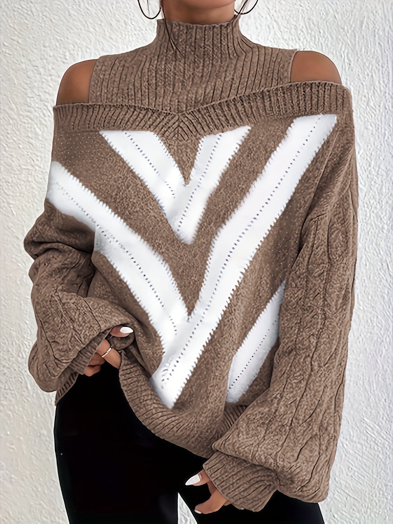  Geometric Print Cold Shoulder Sweater