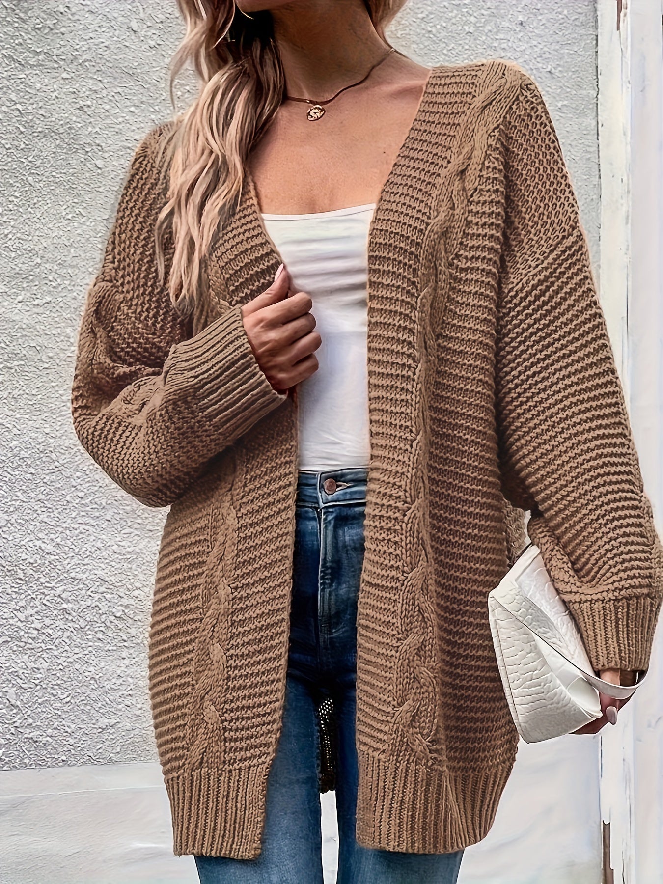  Cable Knit Cardigan Long Sleeve Open Front Sweater