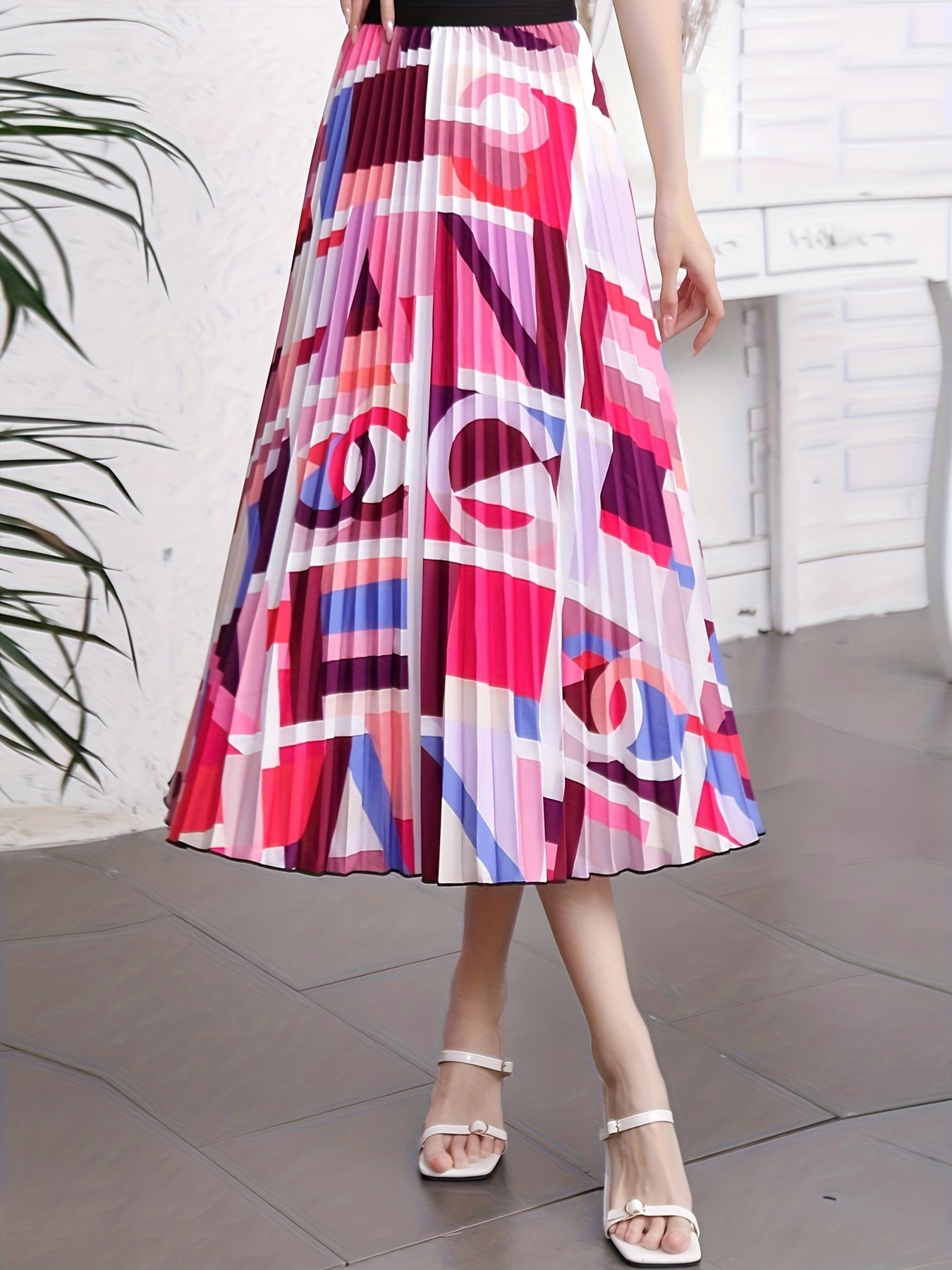  Abstract Print A-line Skirt Elastic Waist Pleated