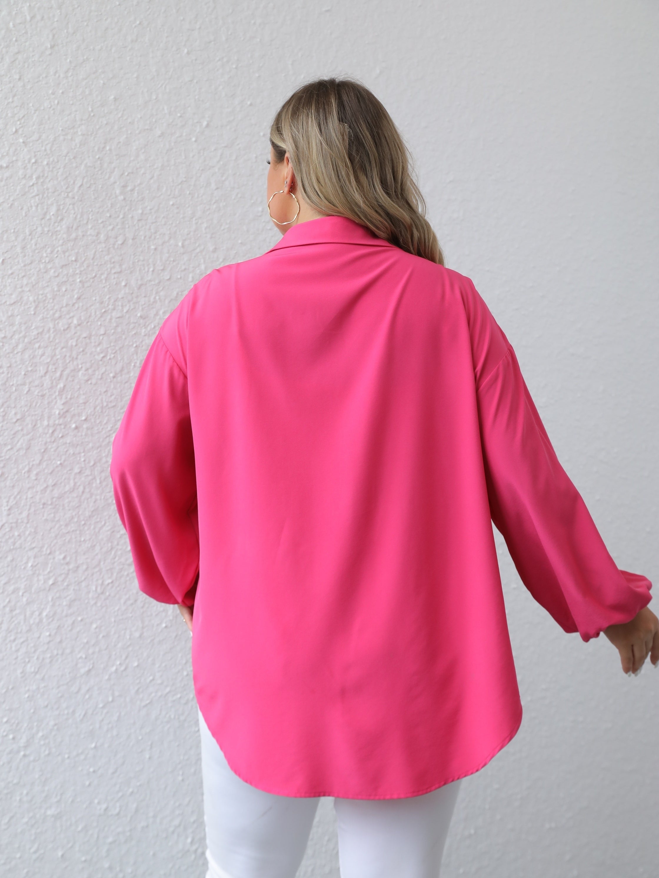  Solid Button Up Lantern Sleeve Blouse