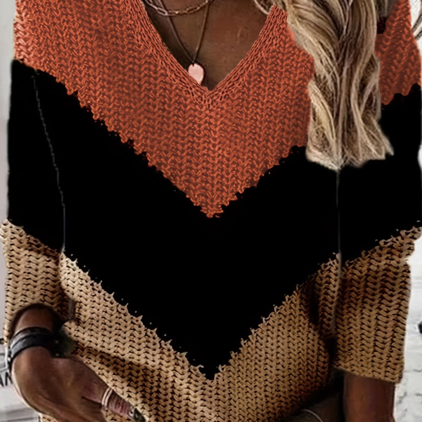  Colorblock V Neck Sweater