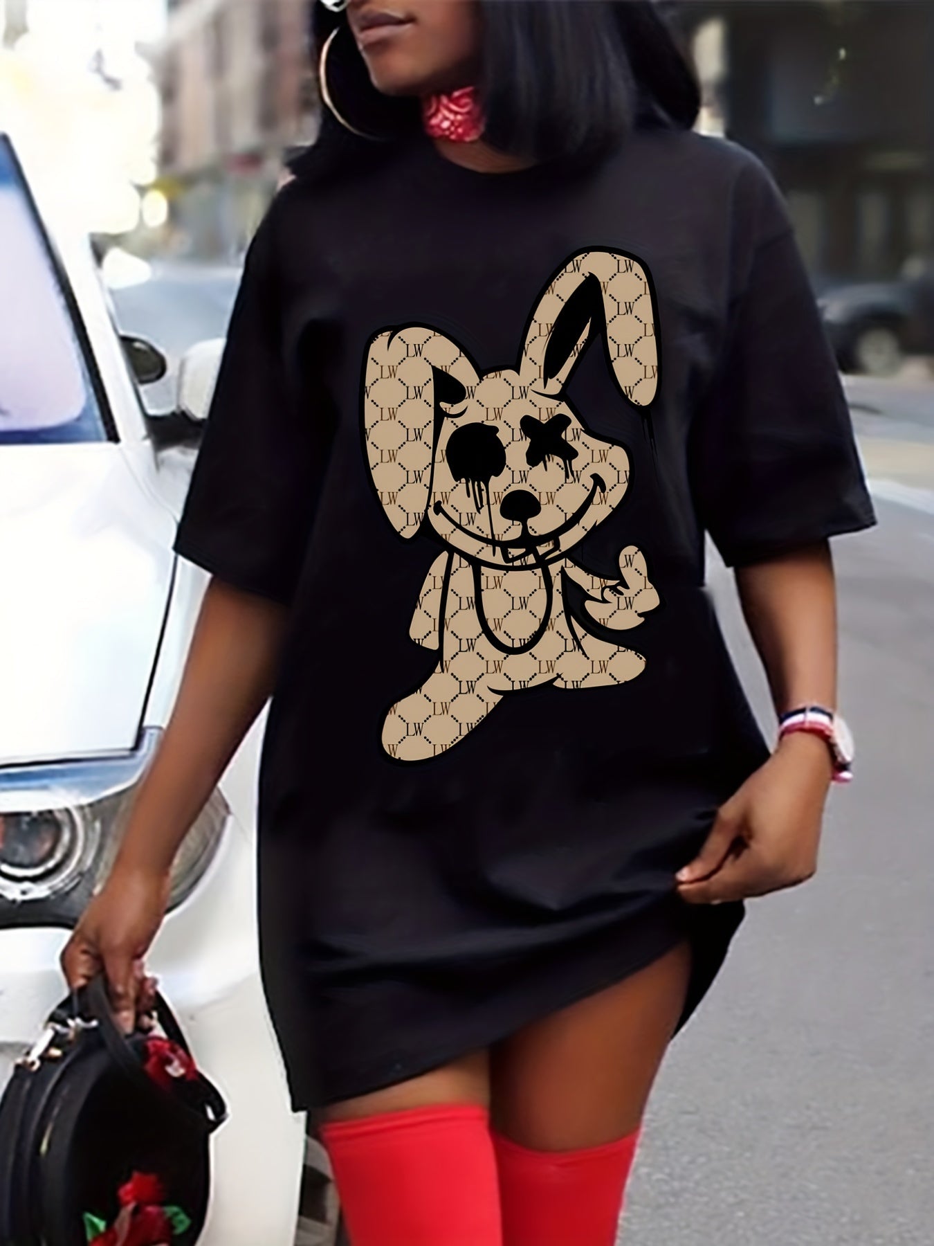  Rabbit Print Tee Dress Short Sleeve Round Neck Dress
