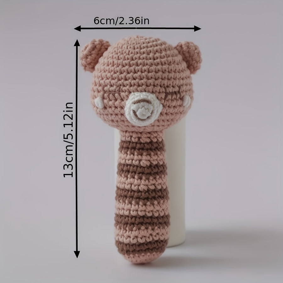 Crochet Bear Rattle Teether Toy Knitted Brown Animal Doll Built in Bell