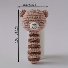 Crochet Bear Rattle Teether Toy Knitted Brown Animal Doll Built in Bell